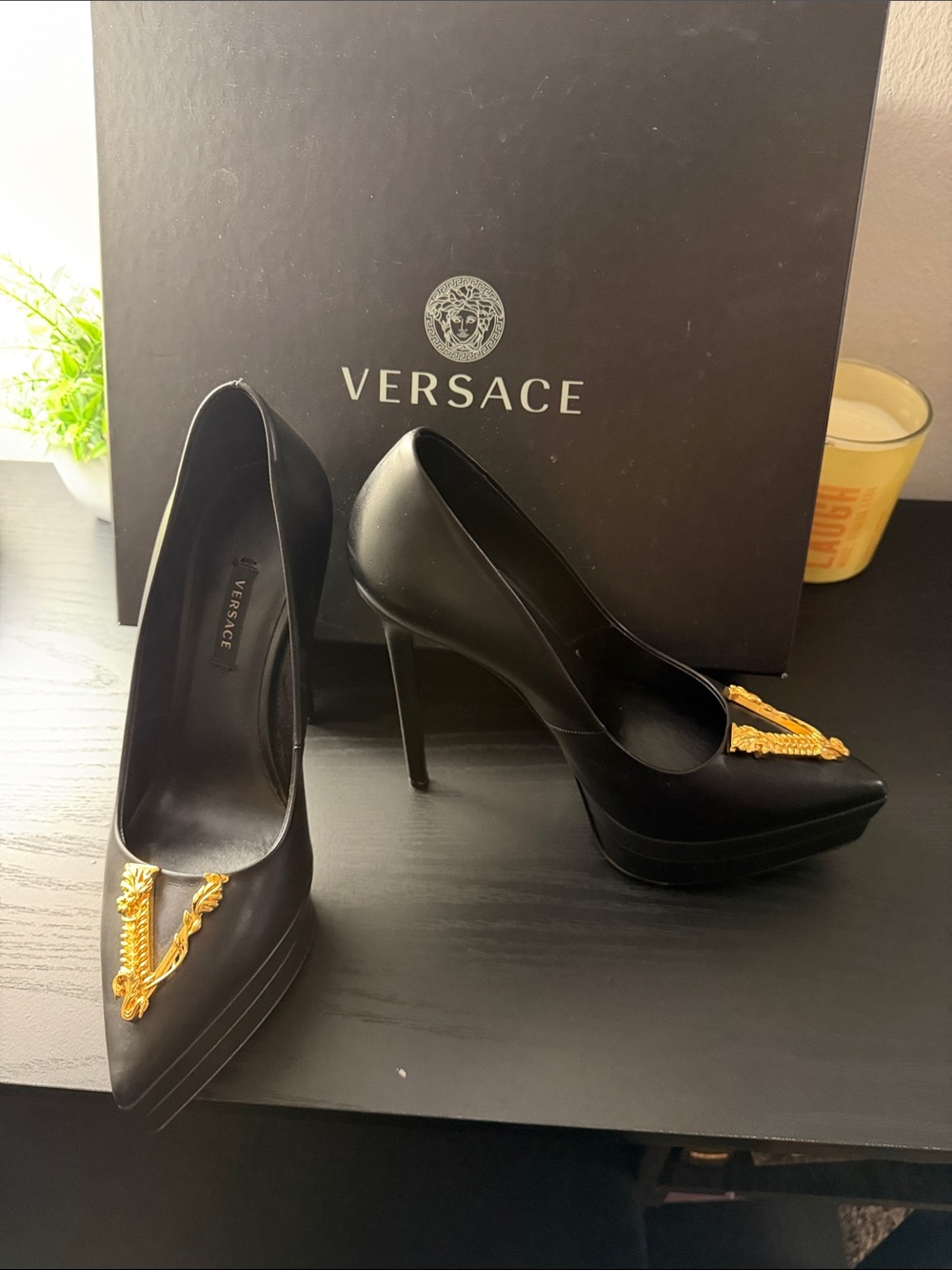 Versace Black Leather Pointed Pumps with Gold V Ornament